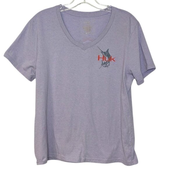 Huk Fishing Graphic T-shirt Purple V-Neck Short Sleeve SZ L - Picture 1 of 3